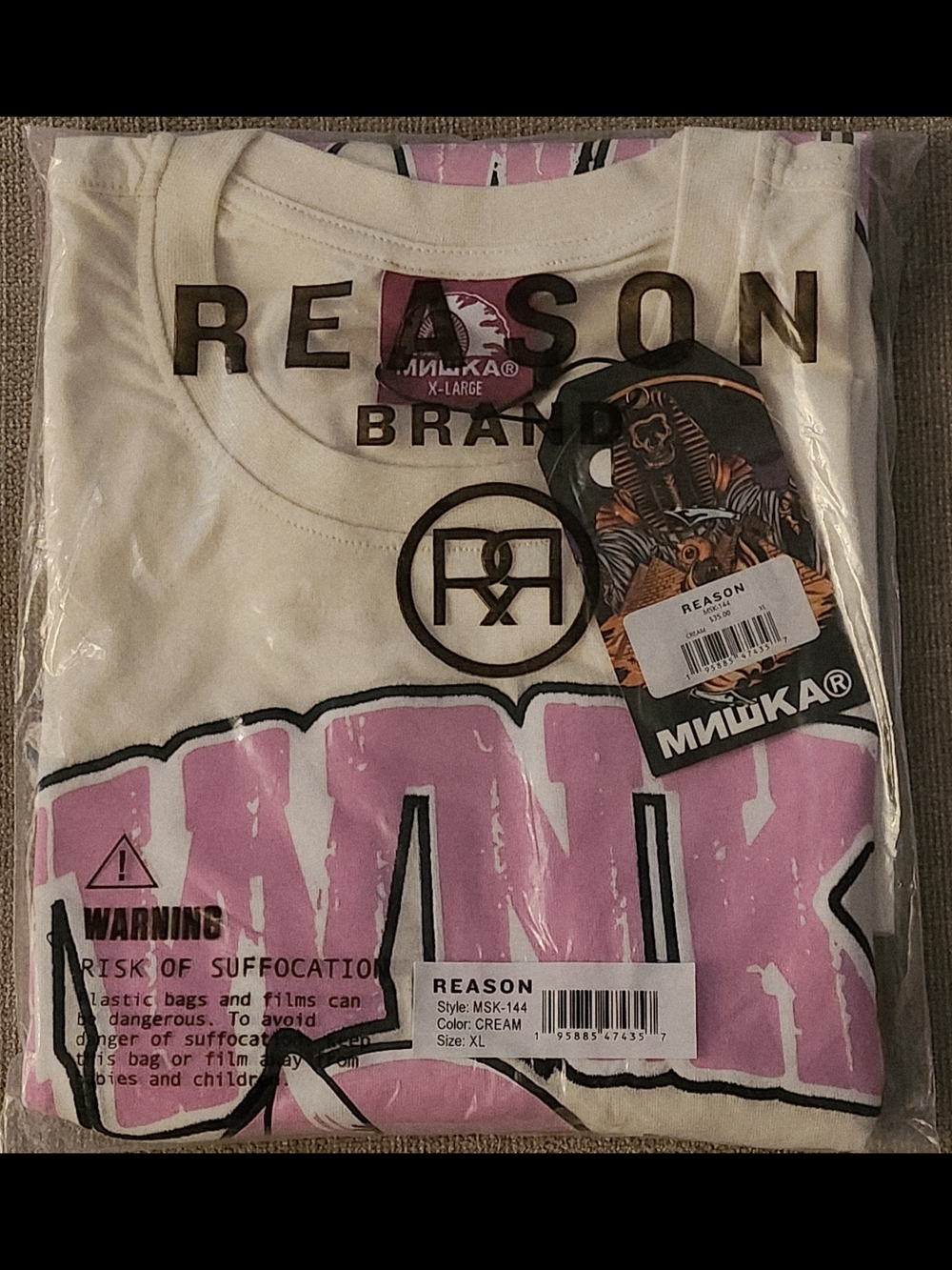 Mishka Cream Short-Sleeve Graphic Tee with Pink Print